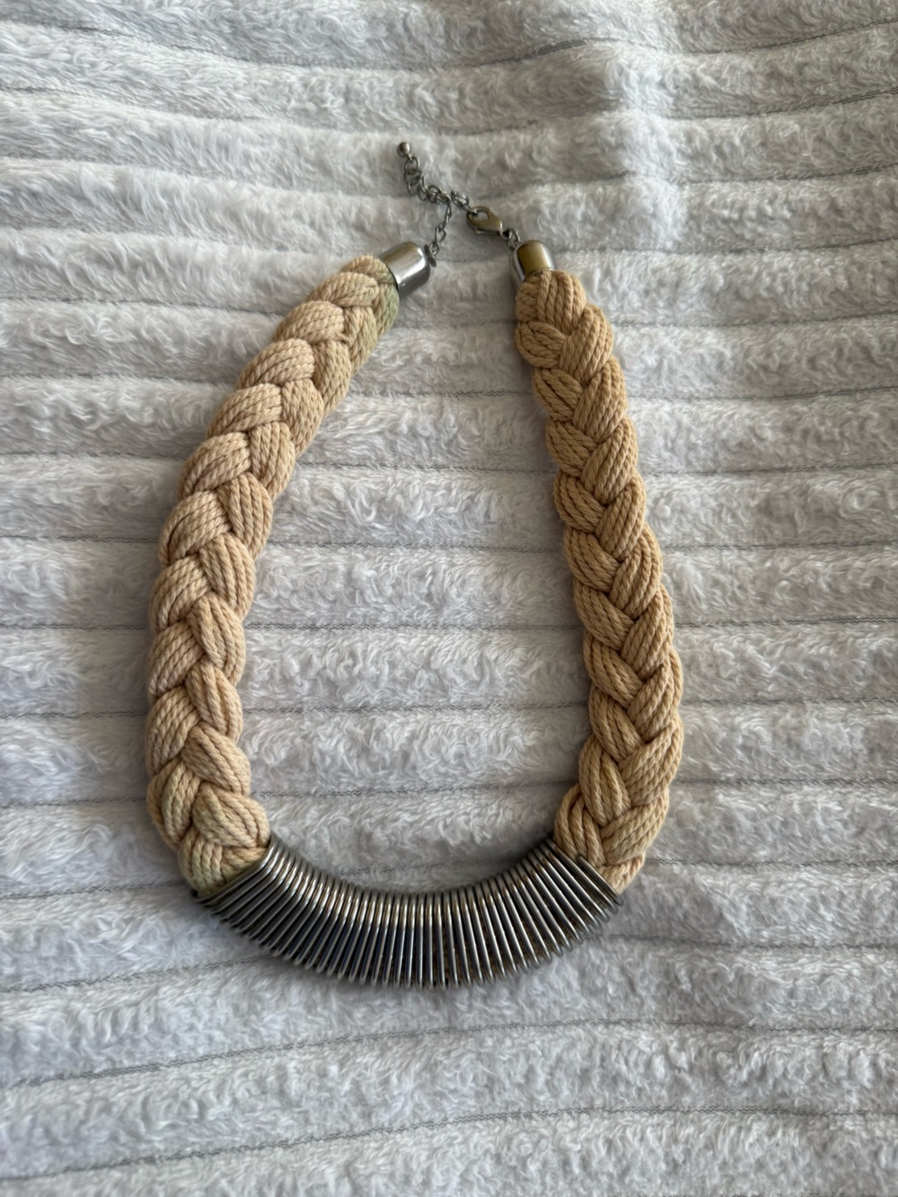 Braided Rope Necklace with Silver Coil Accent - Beige - Picture 3 of 4